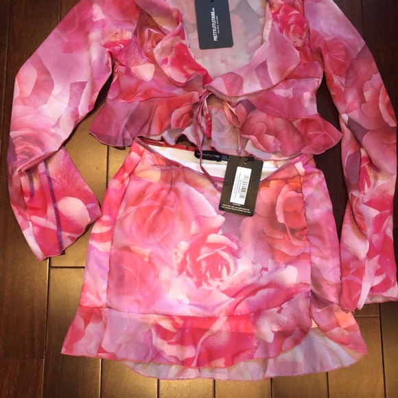 PrettyLittleThing Pink Floral Print Chiffon Ruffle Hem Micro Mini Skirt - Picture 8 of 10